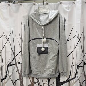 Cozy Grey Hoodie for Cats with Pom-Pom Drawstrings & multiple openings